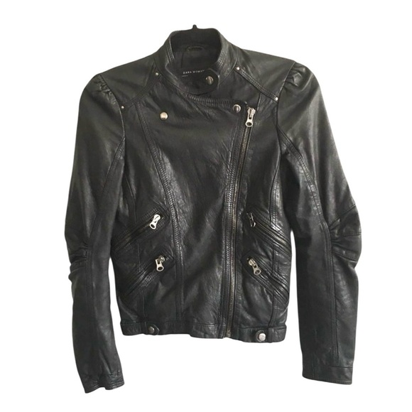 ZARA Leather Asymmetrical Moto Biker Jacket Black XS - Picture 6 of 8